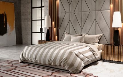 Luxury Contemporary Bedroom – Velvet Geometry with Golden Accents